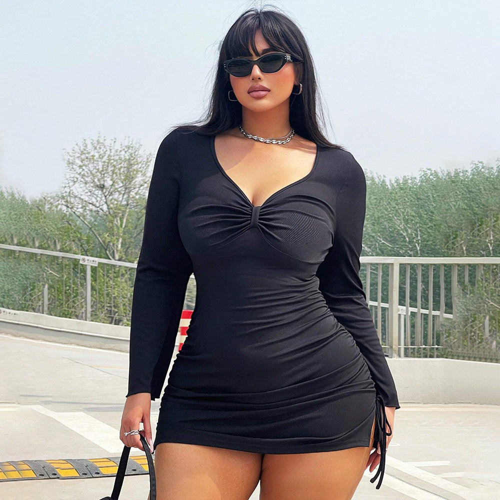 Elegant slim fit long sleeve mini dress in black, perfect for stylish fashion occasions