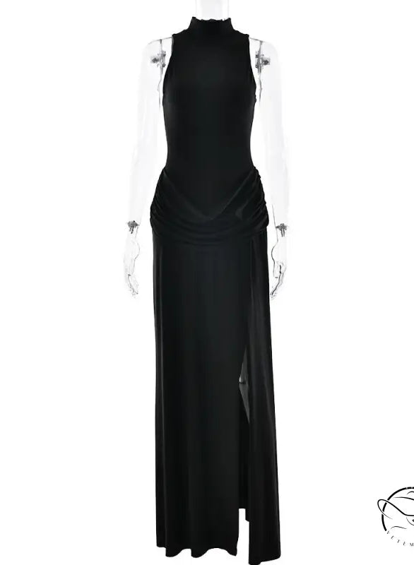 Black sleeveless maxi dress with sheer lace sleeves, high neckline, tight waist, high split