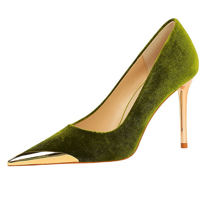 Olive green velvet pump with gold toe cap and stiletto heel from Cocktail Luxury High Heels
