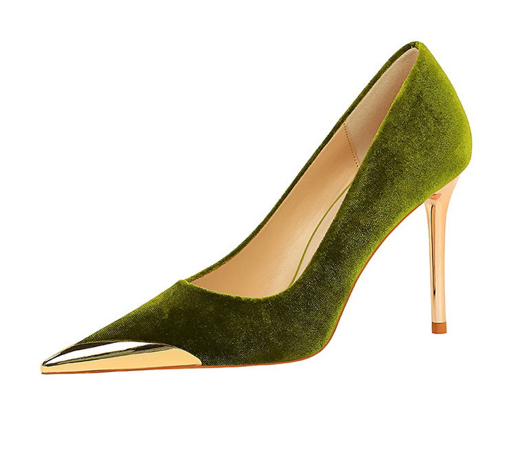 Olive green velvet pump with gold toe cap and stiletto heel from Cocktail Luxury High Heels