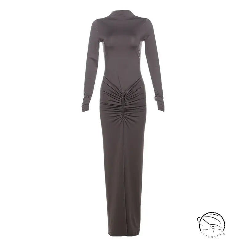 Elegant gray long-sleeved ruched maxi dress in slimming fashion