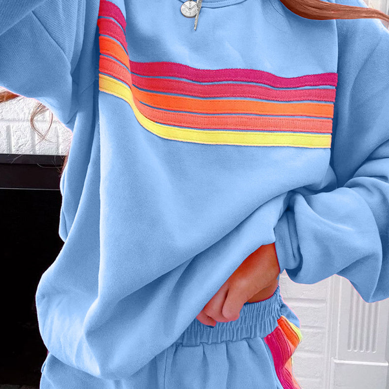 Light blue sweatshirt with rainbow retro stripes in Langry’s Loose Slim Fit Casual Sets