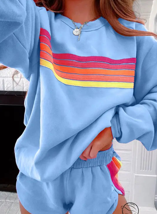 Light blue loose slim fit sweatshirt with rainbow retro stripes in casual two-piece set