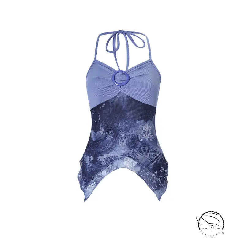 Slim fit halterneck vest in langry fashion with lavender ribbed bodice and blue floral lace