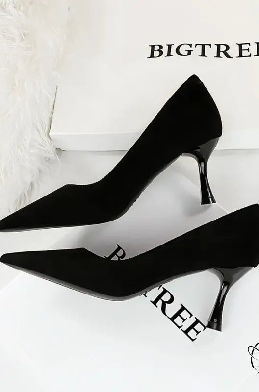 Elegant black suede pointed-toe Langry fashion pumps with thin heels