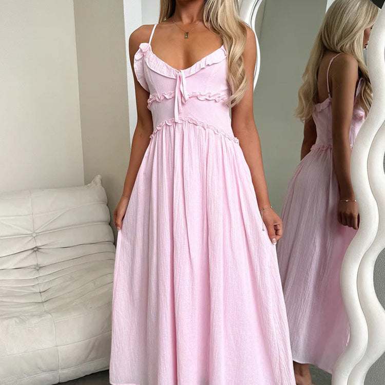 Light pink spaghetti strap midi dress with sweetheart neckline for elegant fashion