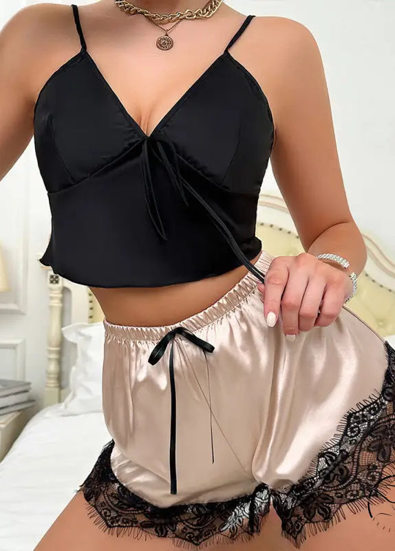 Langry fashion black satin crop top with front tie detail in ice silk pajamas