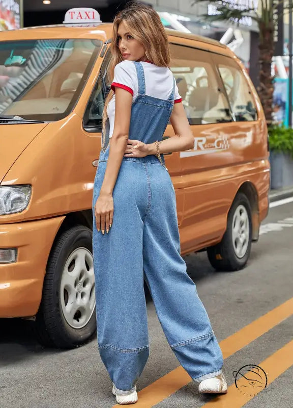 Casual denim jumpsuit with wide-leg overalls