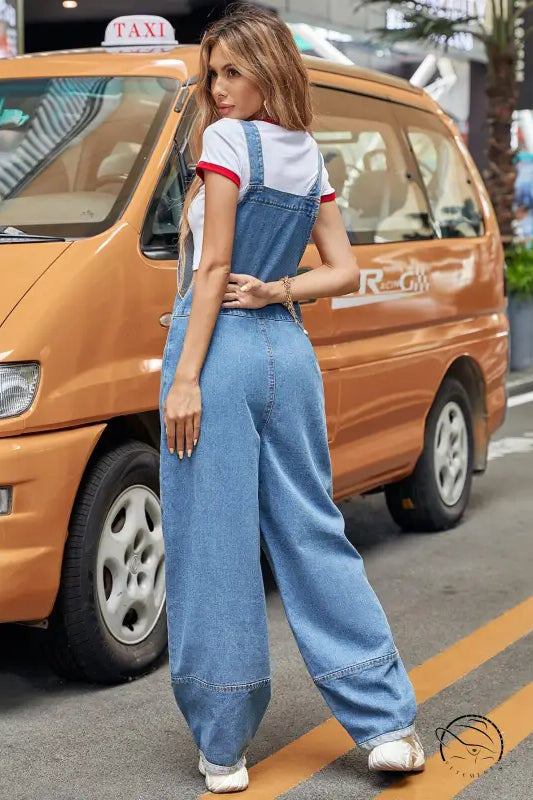 Casual denim jumpsuit with wide-leg overalls