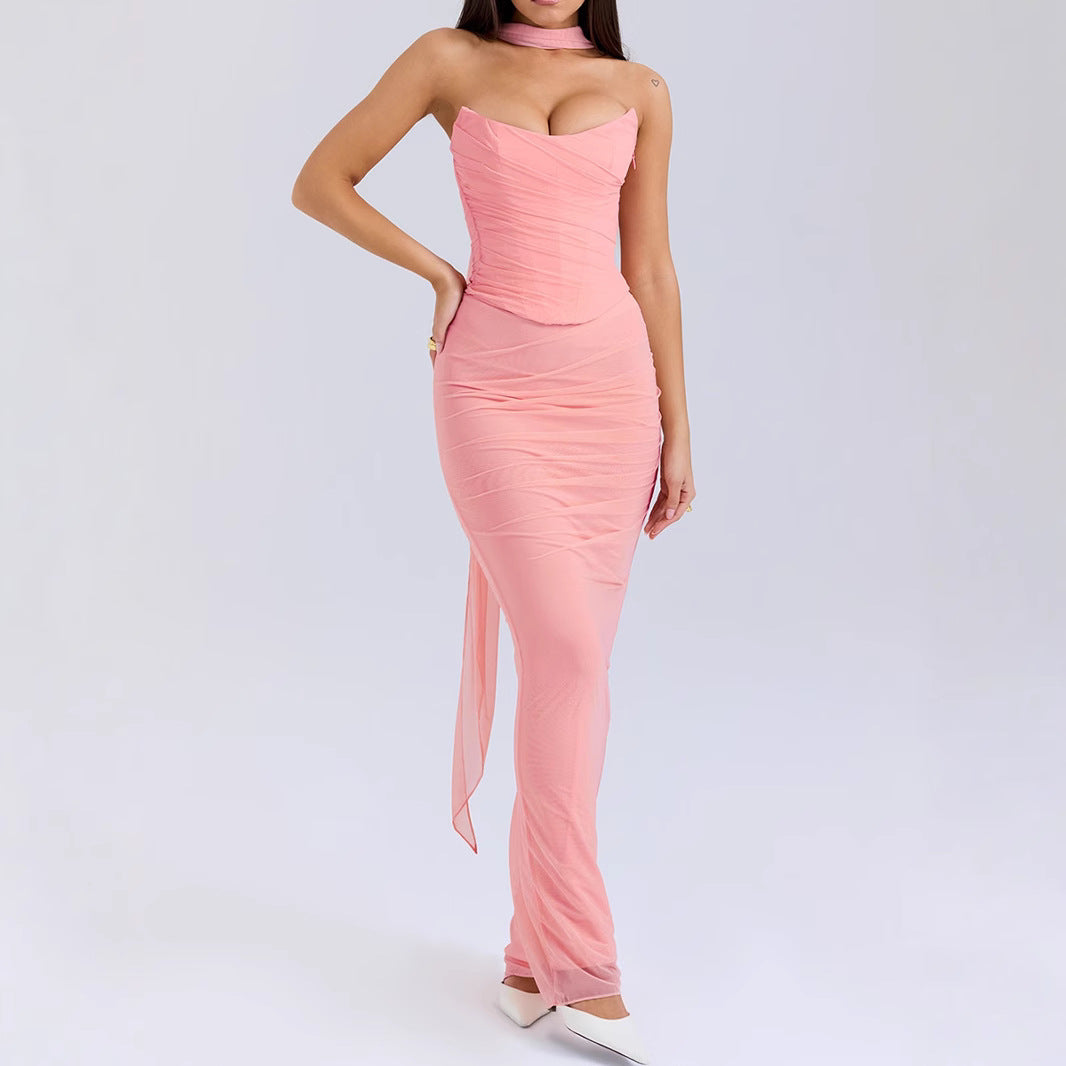 Pink strapless ruched maxi dress from High Grade Skinny Sheath Skirt Set for elegant fashion