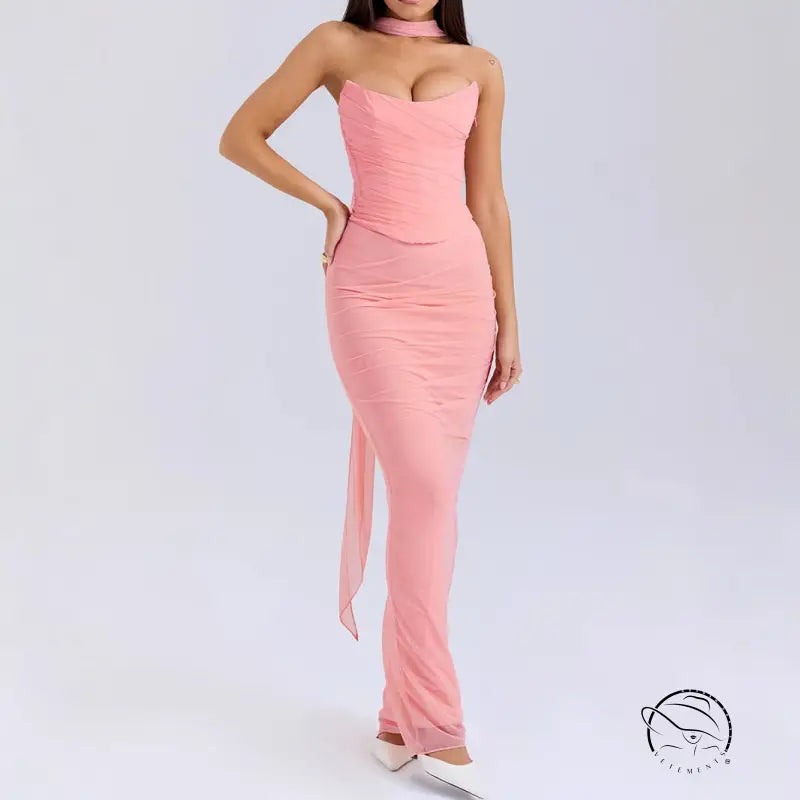 Pink strapless ruched maxi dress in high grade skinny sheath skirt set
