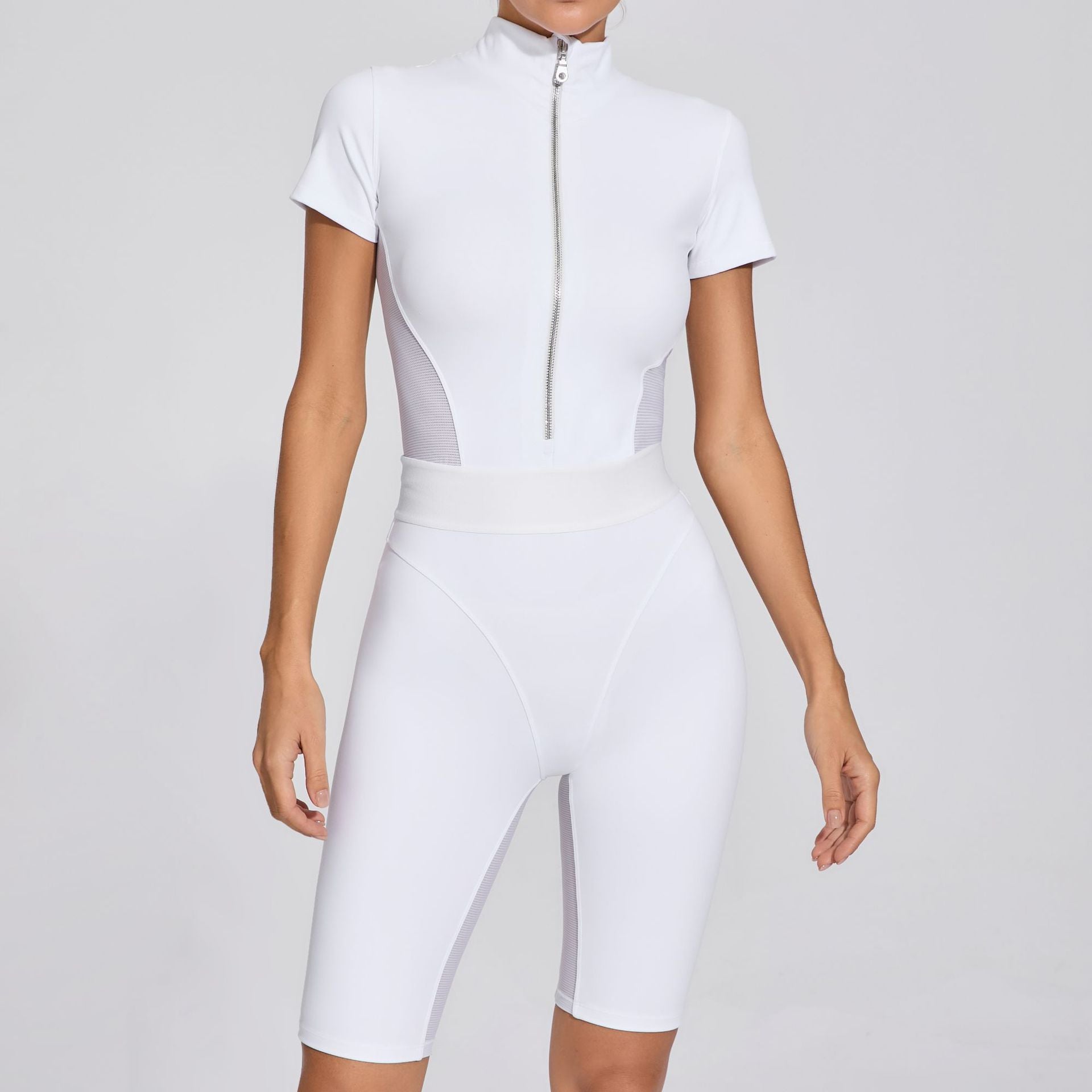 Tight Waist Open Collar Zipper Short Sleeve Yoga Jumpsuit Women Patchwork Fitness Sports
