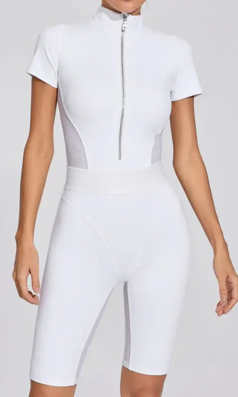 Tight Waist Open Collar Zipper Short Sleeve Yoga Jumpsuit Women Patchwork Fitness Sports