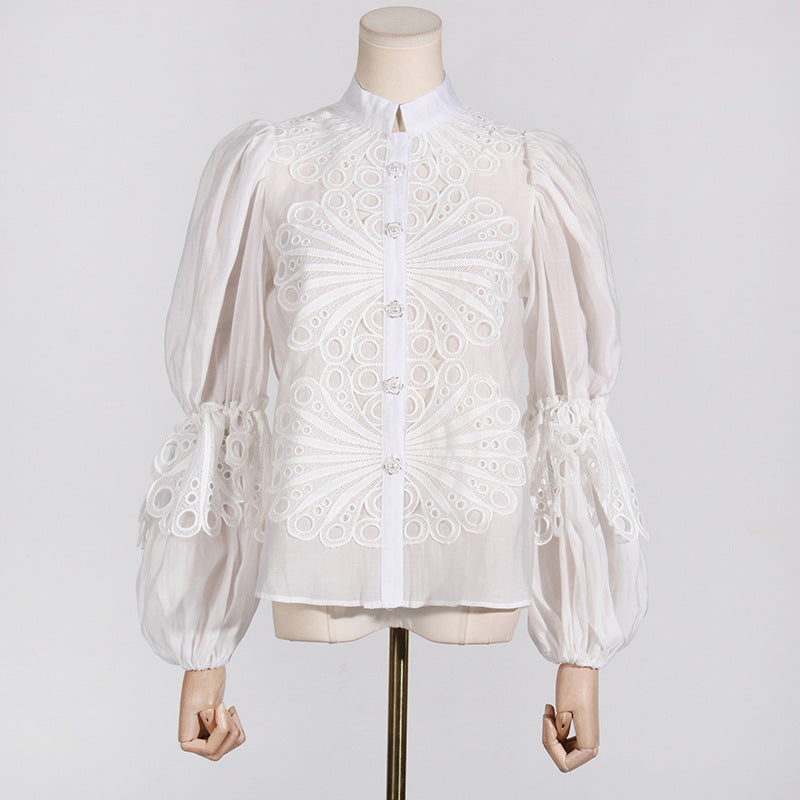 White sheer blouse with lace detailing from French Artistic Palace Embroidery Jumpsuit, elegant fashion ملابس