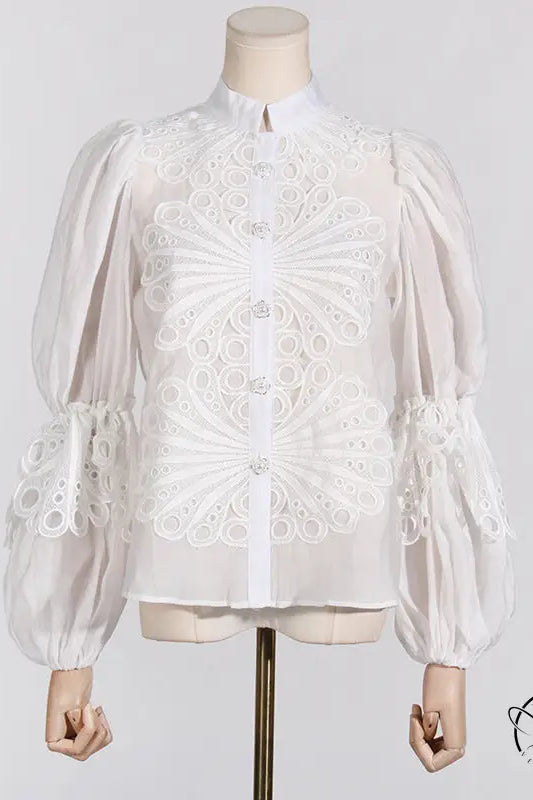 White sheer blouse with French artistic palace embroidery detailing