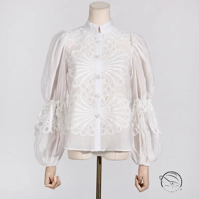 White sheer blouse with French artistic palace embroidery detailing