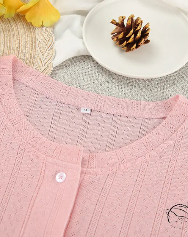 Light pink eyelet knit breathable long cardigan with pearl button