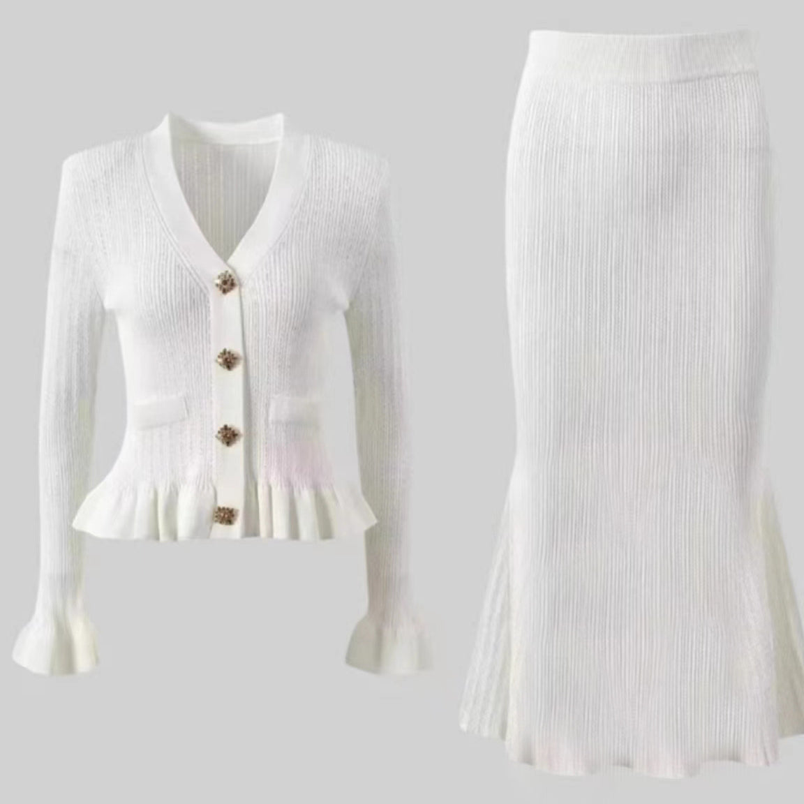 Elegant classic white ribbed knit dress and skirt set showcasing timeless fashion style