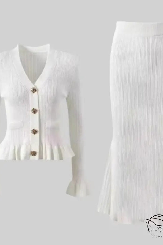 Elegant classic dress and white ribbed knit skirt cardigan set