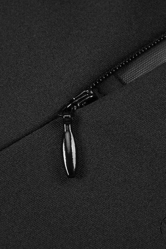 Black zipper with metal pull on Langry rhinestone maxi dress