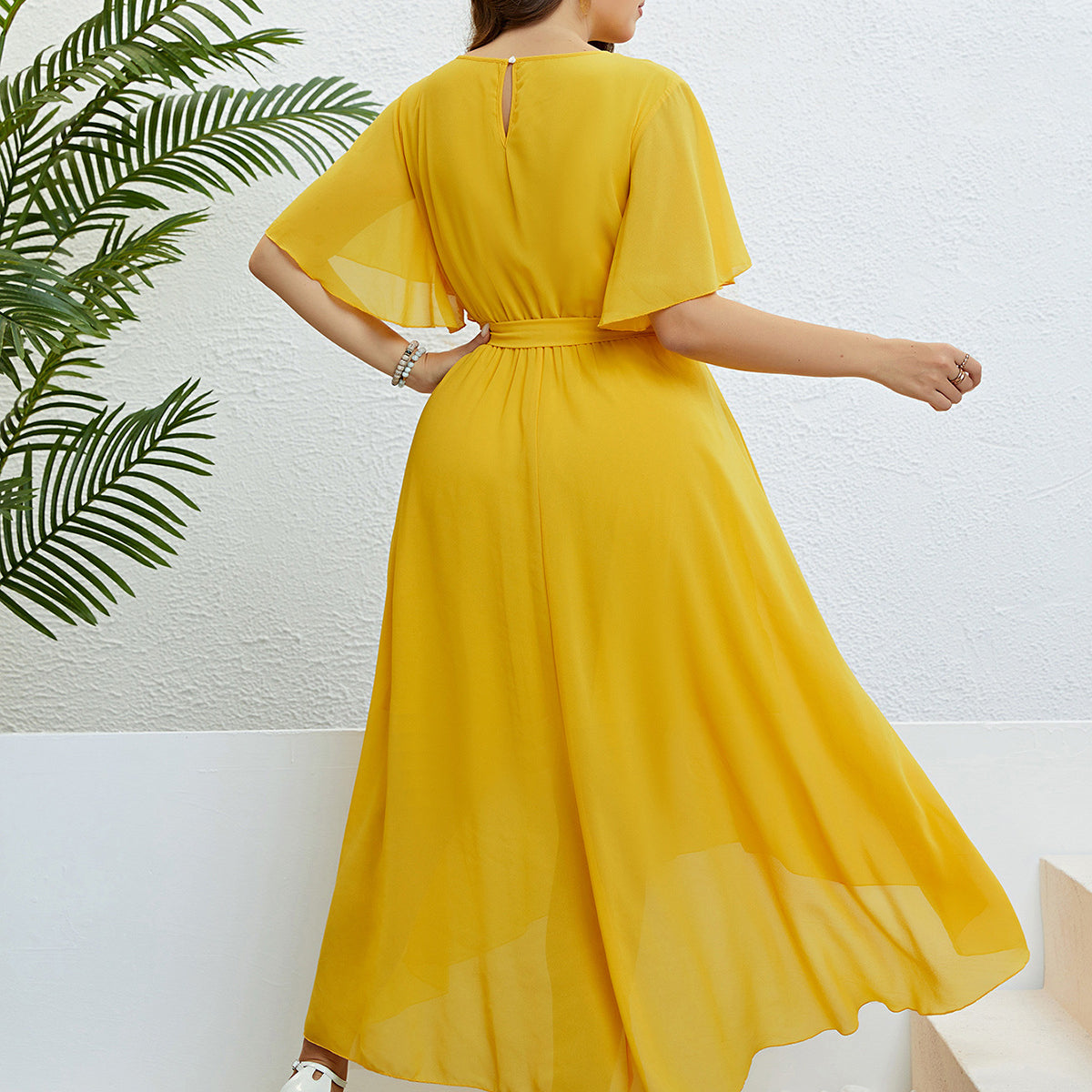 Yellow chiffon maxi dress from Elegant Lace Up Dress, perfect for a langry look with free shipping