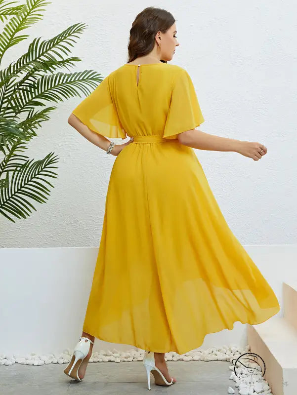 Elegant lace up yellow chiffon maxi dress with free shipping