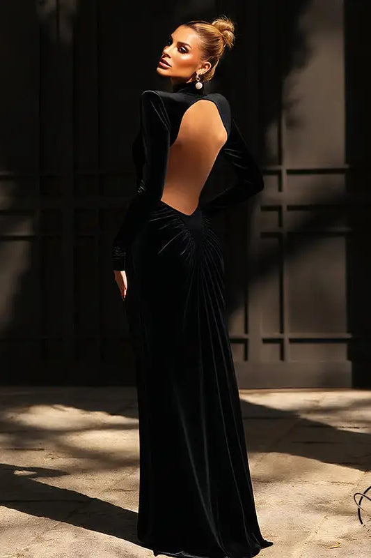 Beautiful high collar black velvet maxi dress with open back