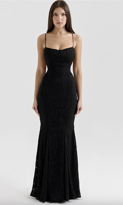 Elegant black mermaid gown in French Elegant Slim Strap Dress exemplifying fashion ملابس