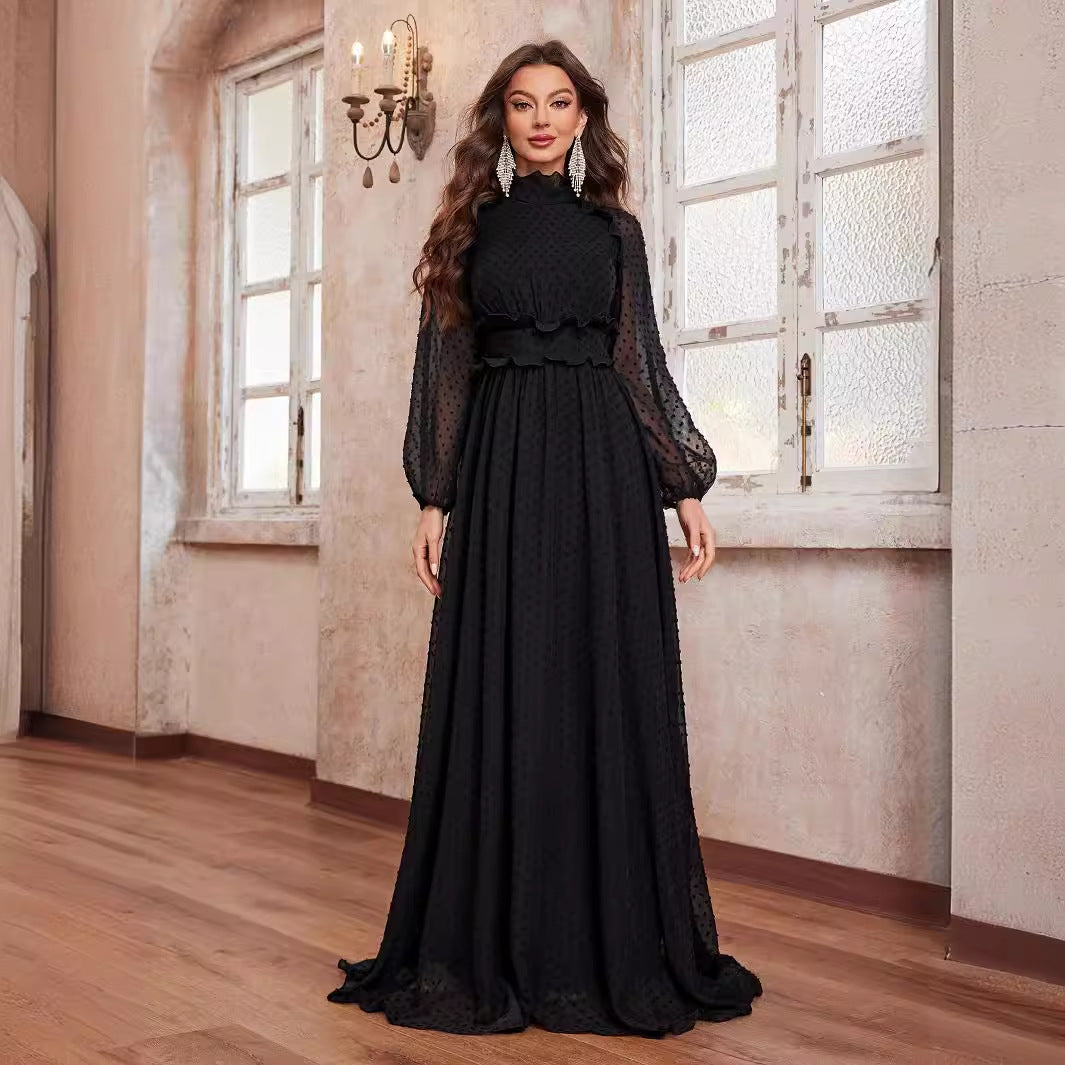 Women chiffon long black maxi dress with wooden ear high collar and polka dot long sleeves