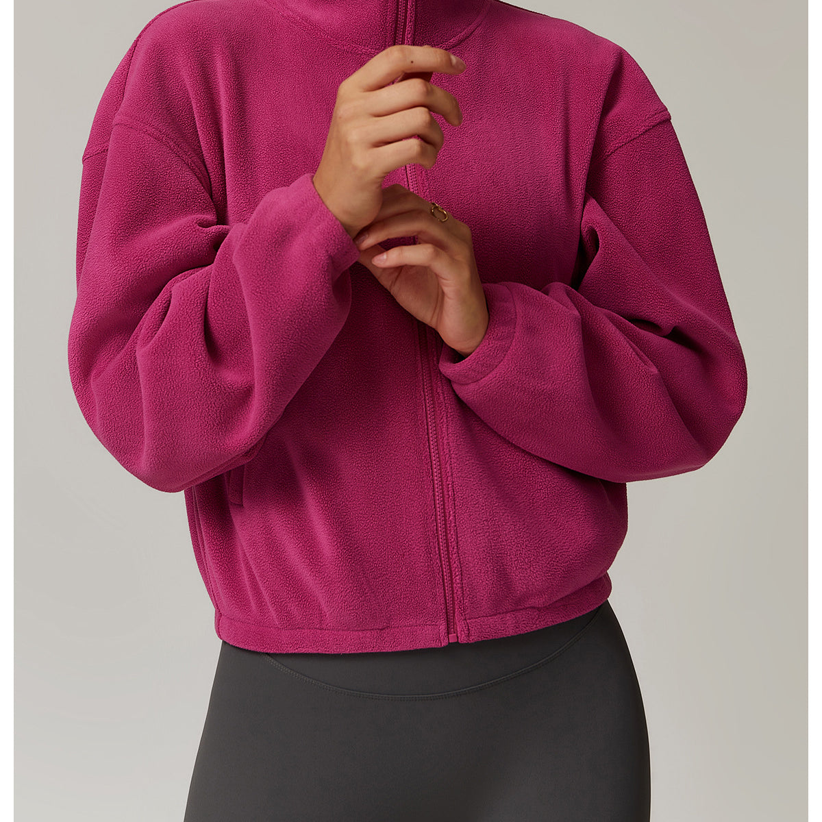 Hot pink fleece zip-up turtleneck jacket for stylish langry fashion ملابس