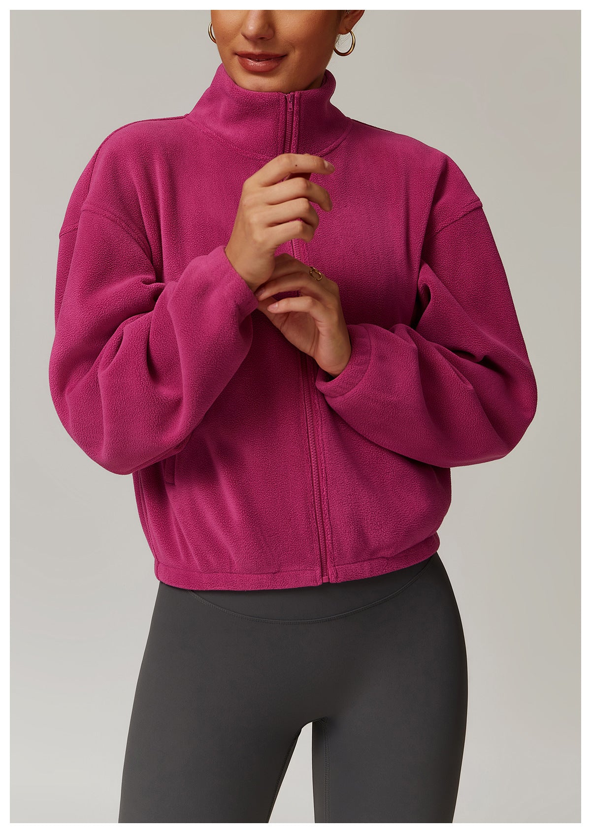 Hot pink fleece zip-up turtleneck jacket for stylish langry fashion ملابس