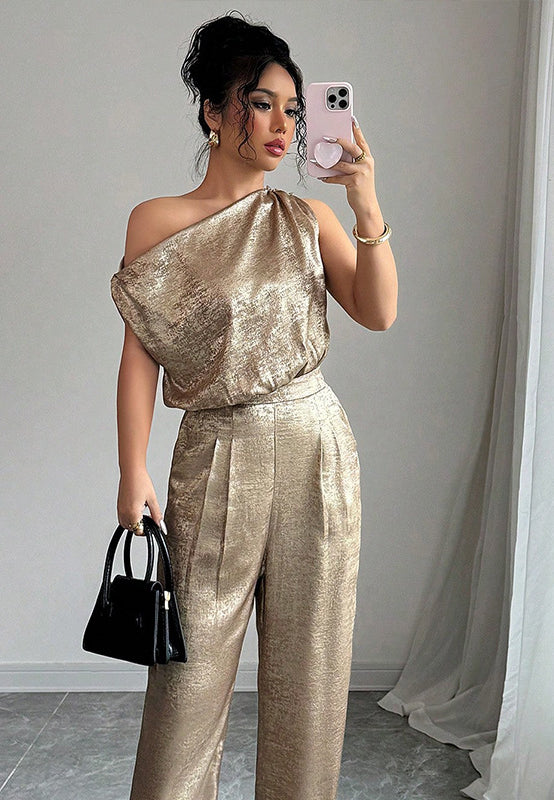 Langry fashion golden snakeskin one-shoulder high-waist jumpsuit