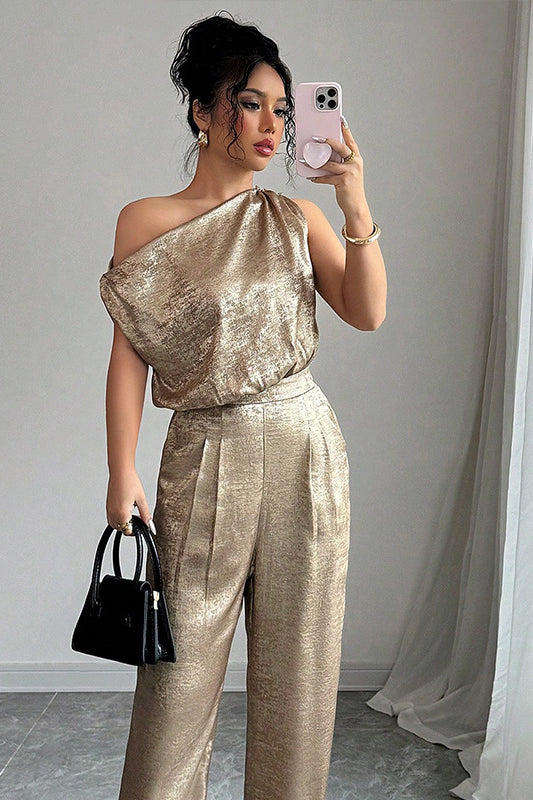 Langry fashion golden snakeskin one-shoulder high-waist jumpsuit