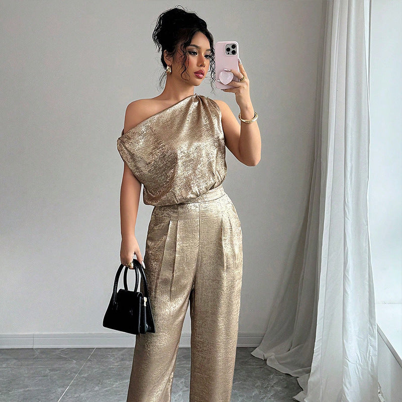 Langry fashion golden snakeskin one-shoulder high-waist jumpsuit