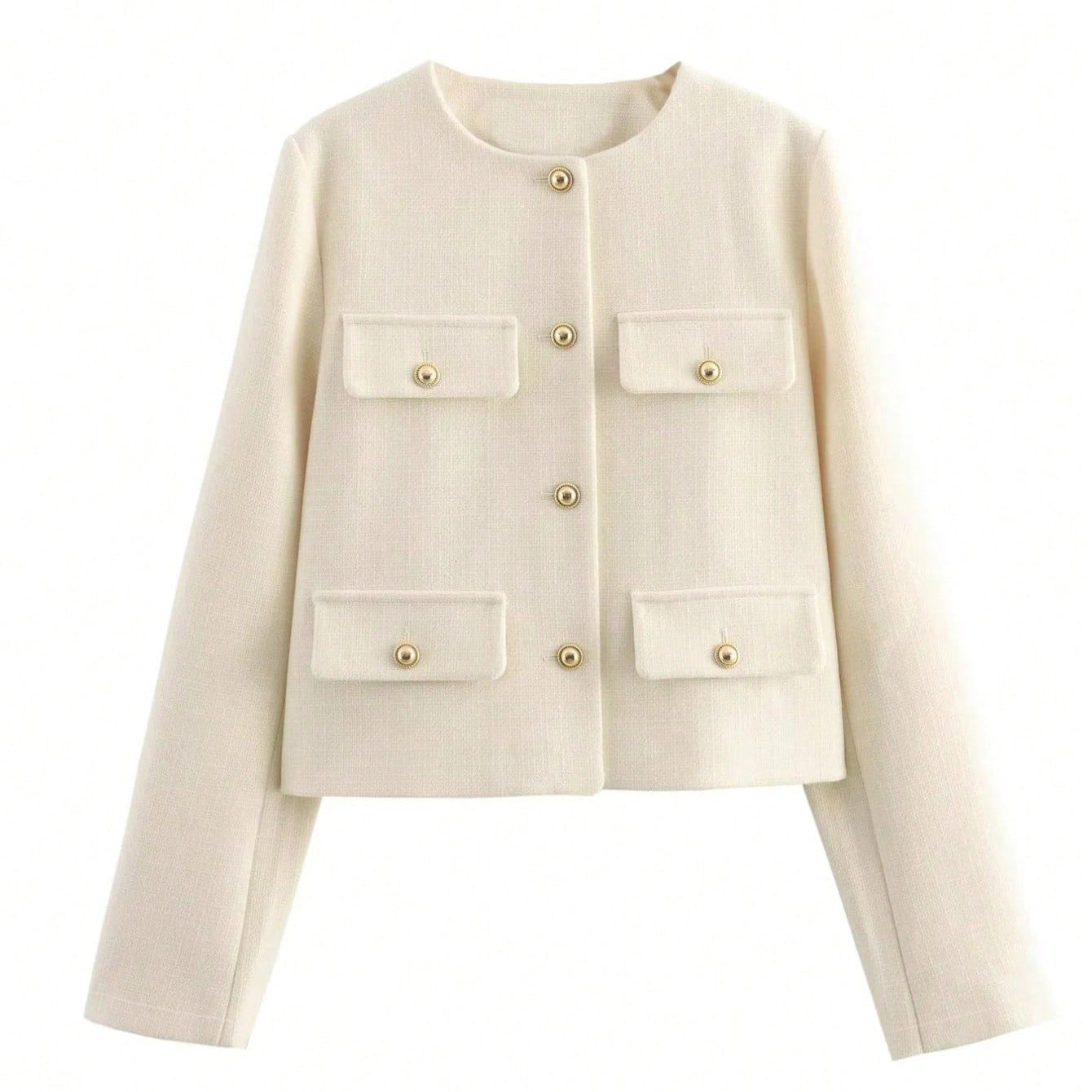 Cream-colored round neck classic autumn cropped woolen jacket with pockets and buttons
