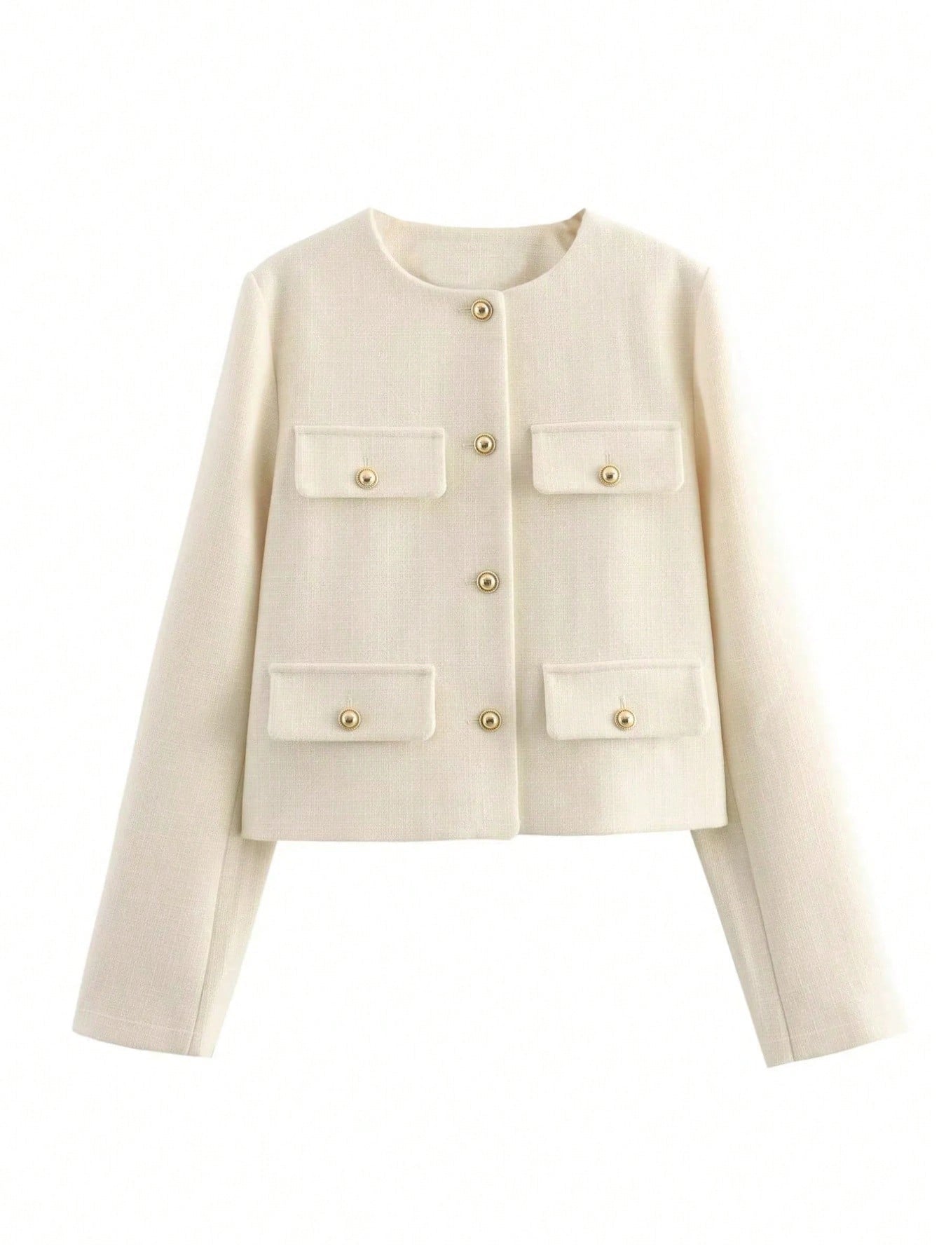 Cream-colored round neck classic autumn cropped woolen jacket with pockets and buttons