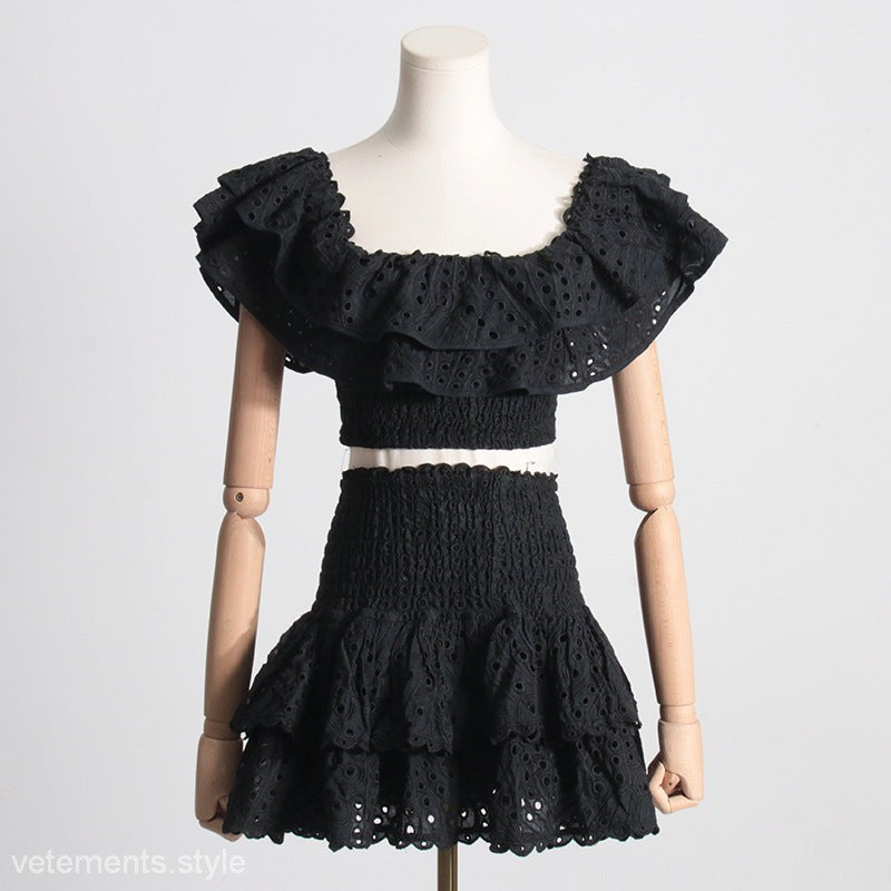 Black eyelet two-piece SUMMER FRENCH SUIT, featuring high waist suit and stylish French shorts