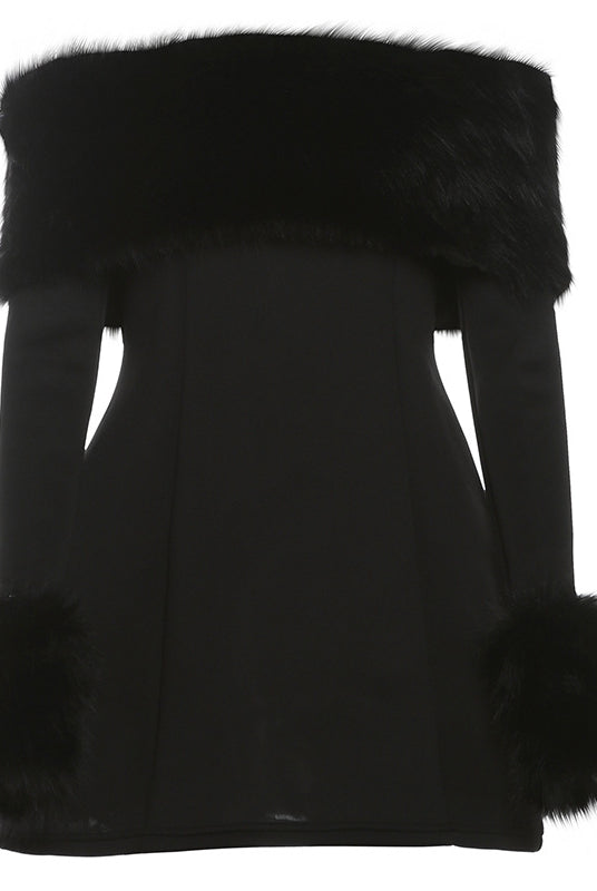 Black off-the-shoulder dress with fur trim, a stunning fashion choice for modern ملابس