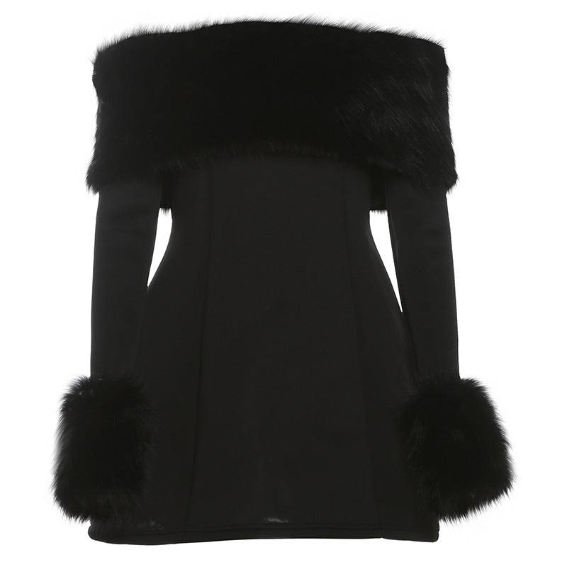 Black off-the-shoulder dress with fur trim, a stunning fashion choice for modern ملابس
