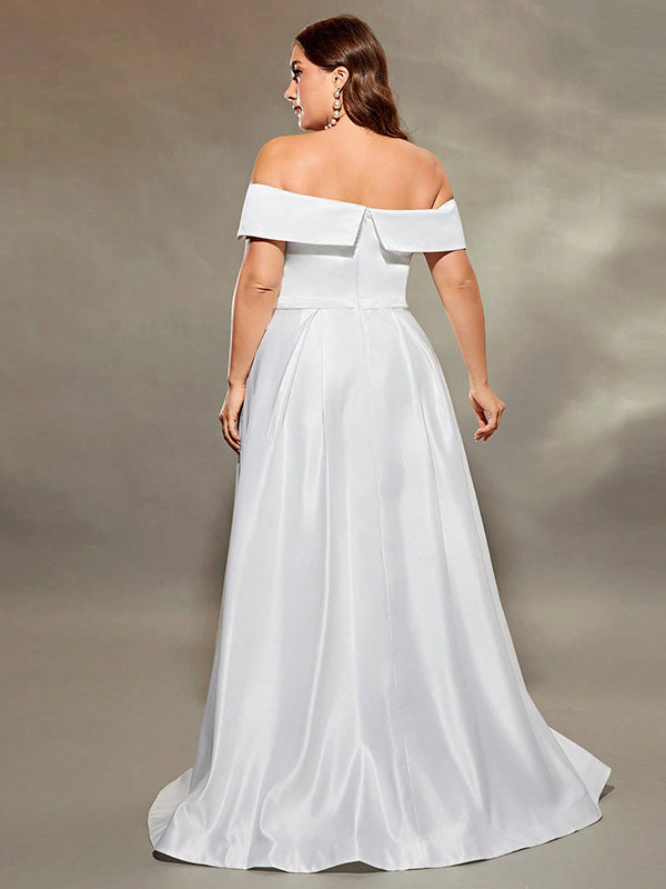Elegant off-the-shoulder white satin gown from Summer Off Shoulder Evening Dress collection