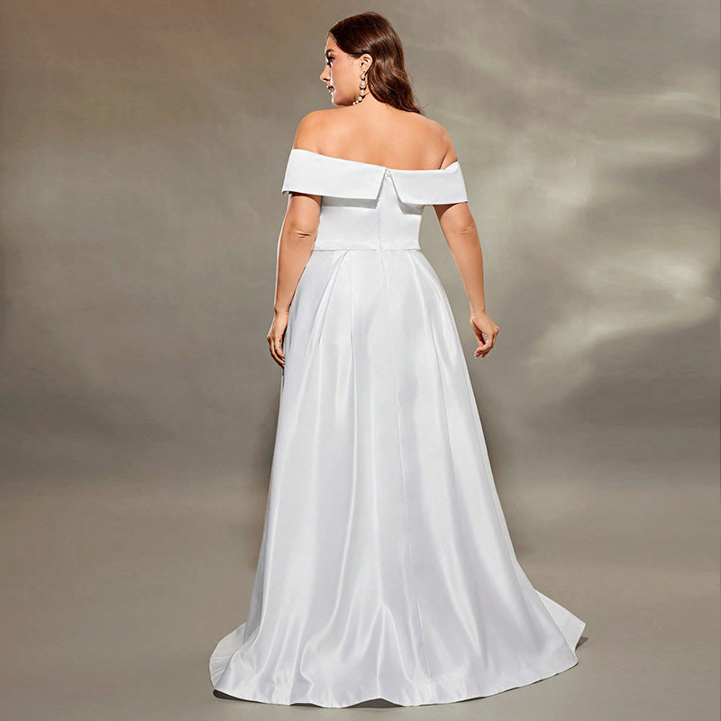 Elegant off-the-shoulder white satin gown from Summer Off Shoulder Evening Dress collection