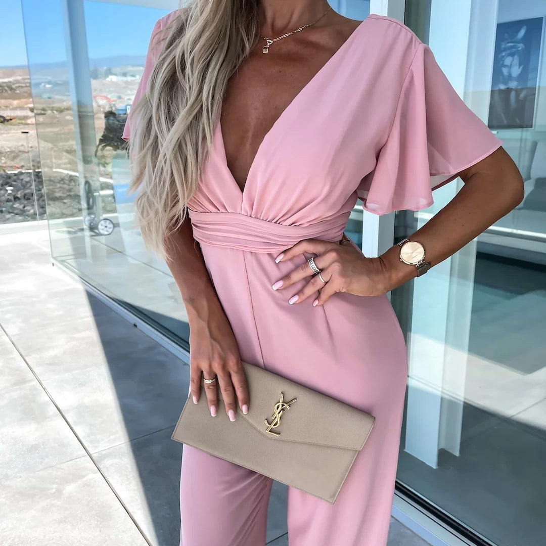 Pink V-neck jumpsuit with flutter sleeves, perfect for casual fashion and ملابس
