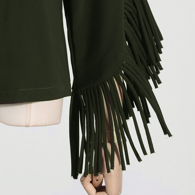 Olive green fringe-sleeved top for casual office summer long sleeve outfit set