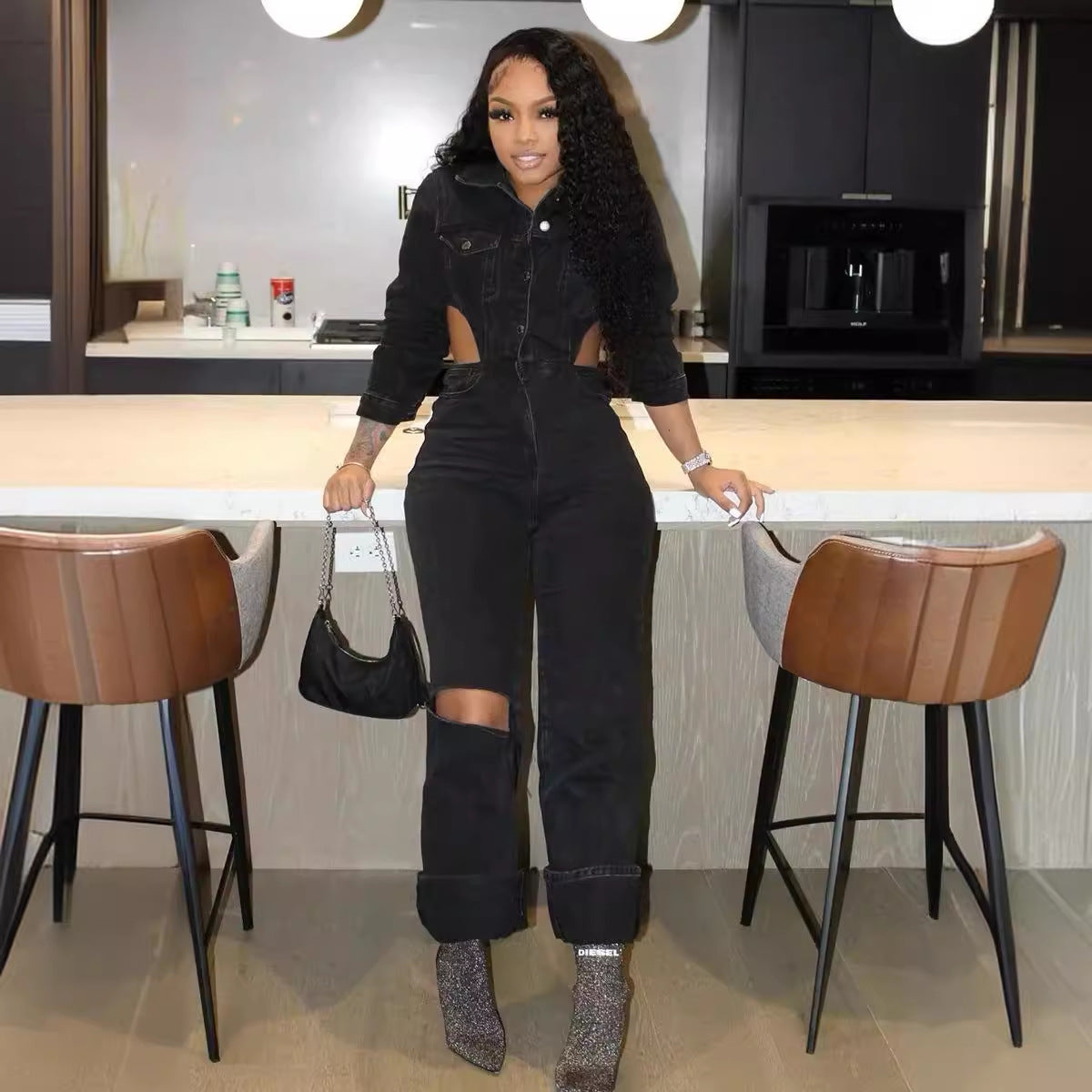 Casual Hollow out Cutout out Denim Jumpsuit