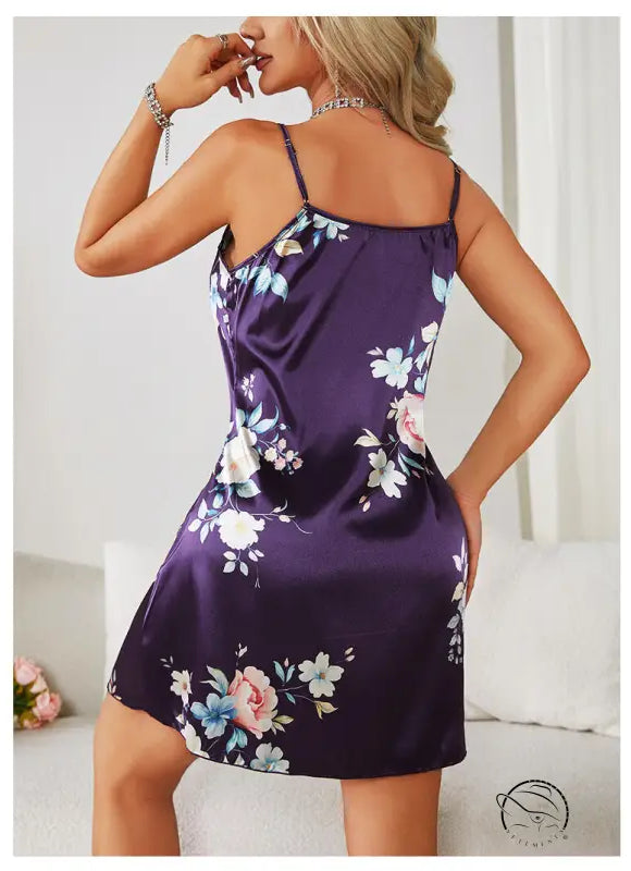 Floral ice silk strap night dress in satin for women