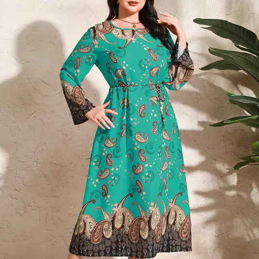 Ethnic Loose Maxi Dress Cashew Printed Long Sleeve