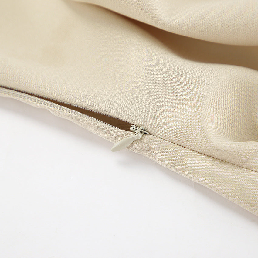 Beige fabric with zipper details on elegant puff sleeve tight split dress