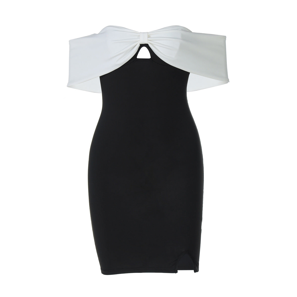 Elegant Slim Fit Short Dress featuring a black cocktail design and white off-shoulder neckline