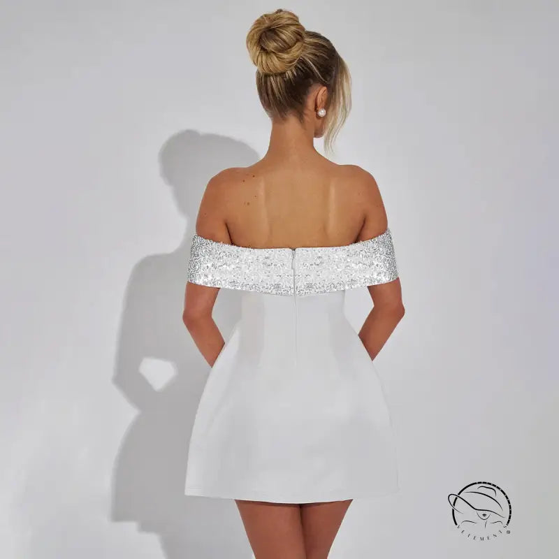 Elegant white off-shoulder mini gown dress with lace trim in langry fashion