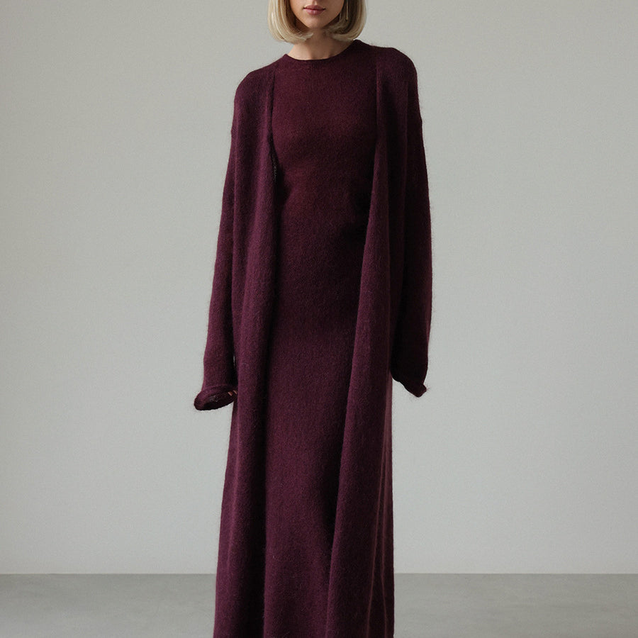 Burgundy knitted cardigan sleeveless dress two-piece set